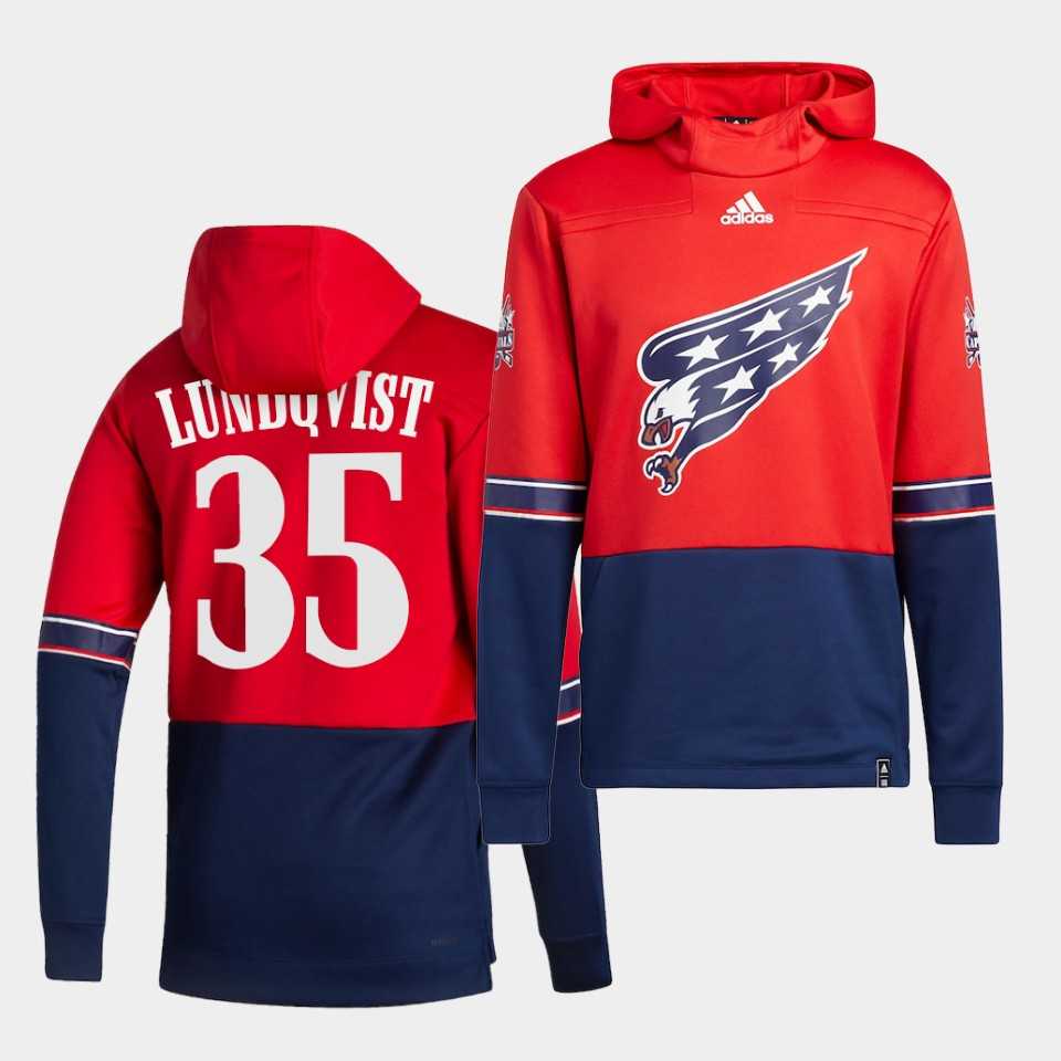 Men Washington Capitals 35 Lundqvist Red NHL 2021 Adidas Pullover Hoodie Jersey